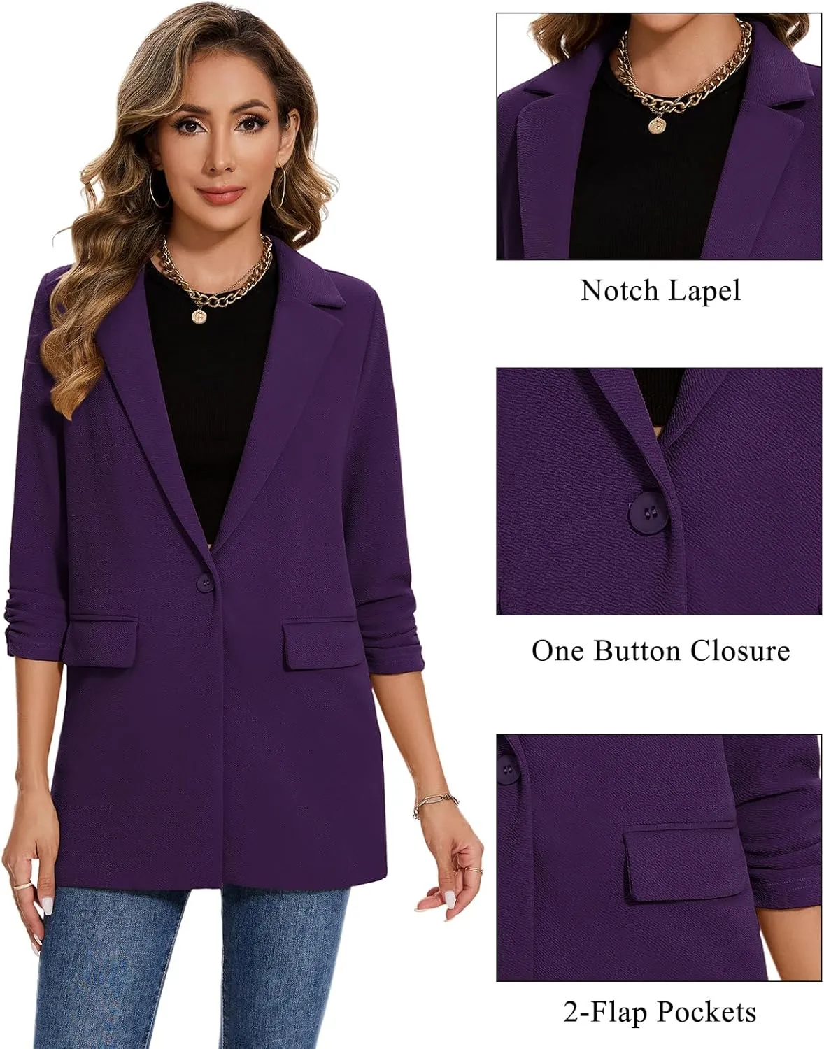MINTLIMIT Women's Casual Long Blazer 3/4 Ruched Sleeve Lapel Button Front Work Office Blazers Suit Jacket with Pockets