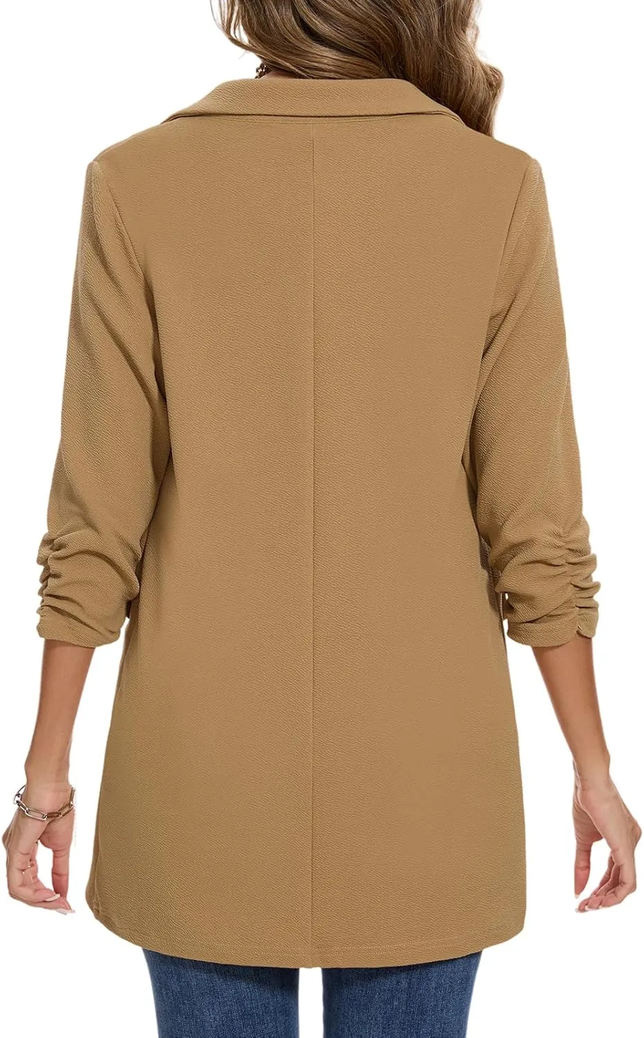 MINTLIMIT Women's Casual Long Blazer 3/4 Ruched Sleeve Lapel Button Front Work Office Blazers Suit Jacket with Pockets