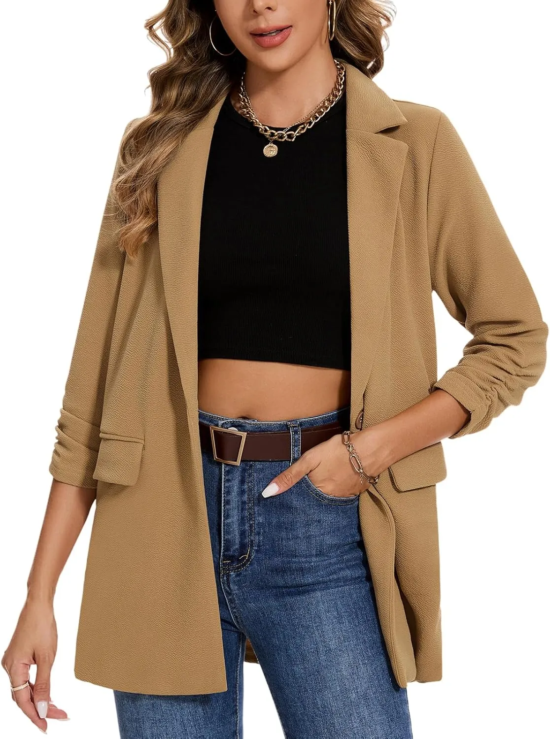 MINTLIMIT Women's Casual Long Blazer 3/4 Ruched Sleeve Lapel Button Front Work Office Blazers Suit Jacket with Pockets