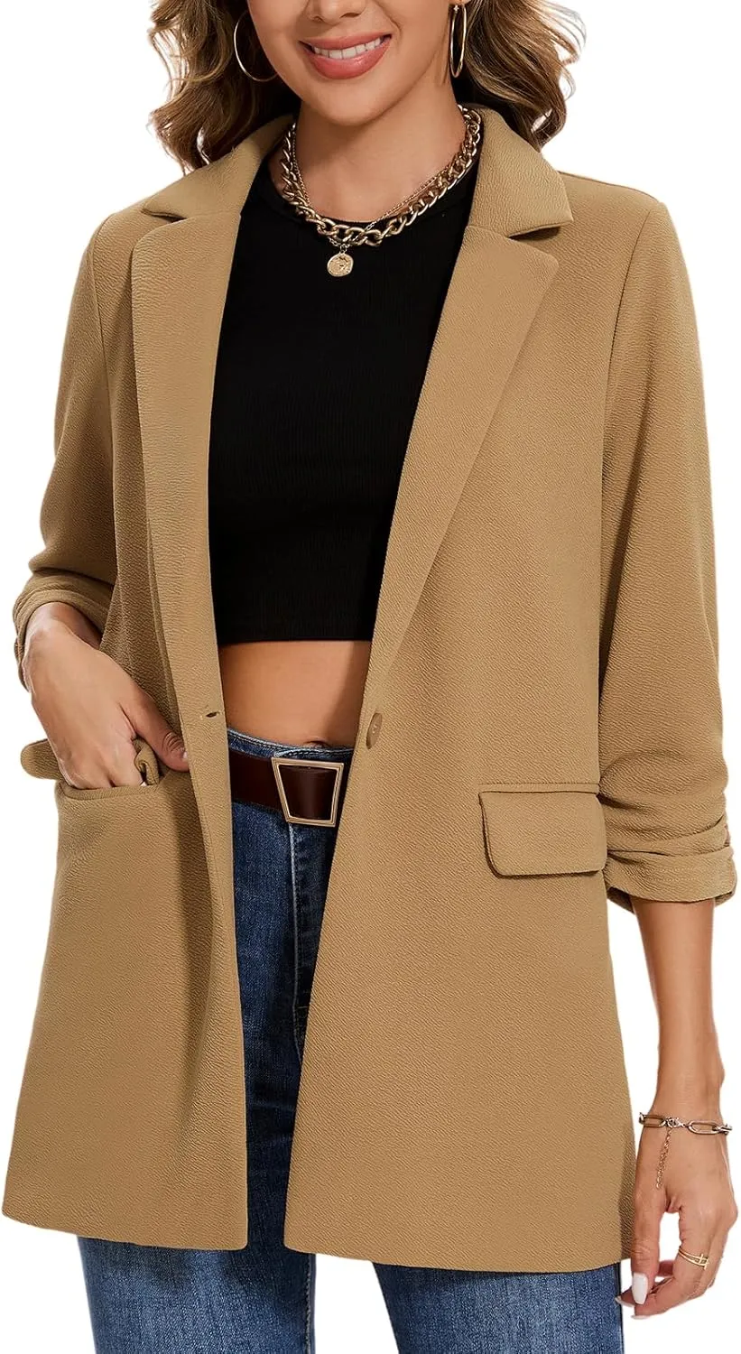 MINTLIMIT Women's Casual Long Blazer 3/4 Ruched Sleeve Lapel Button Front Work Office Blazers Suit Jacket with Pockets