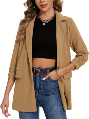 MINTLIMIT Women's Casual Long Blazer 3/4 Ruched Sleeve Lapel Button Front Work Office Blazers Suit Jacket with Pockets