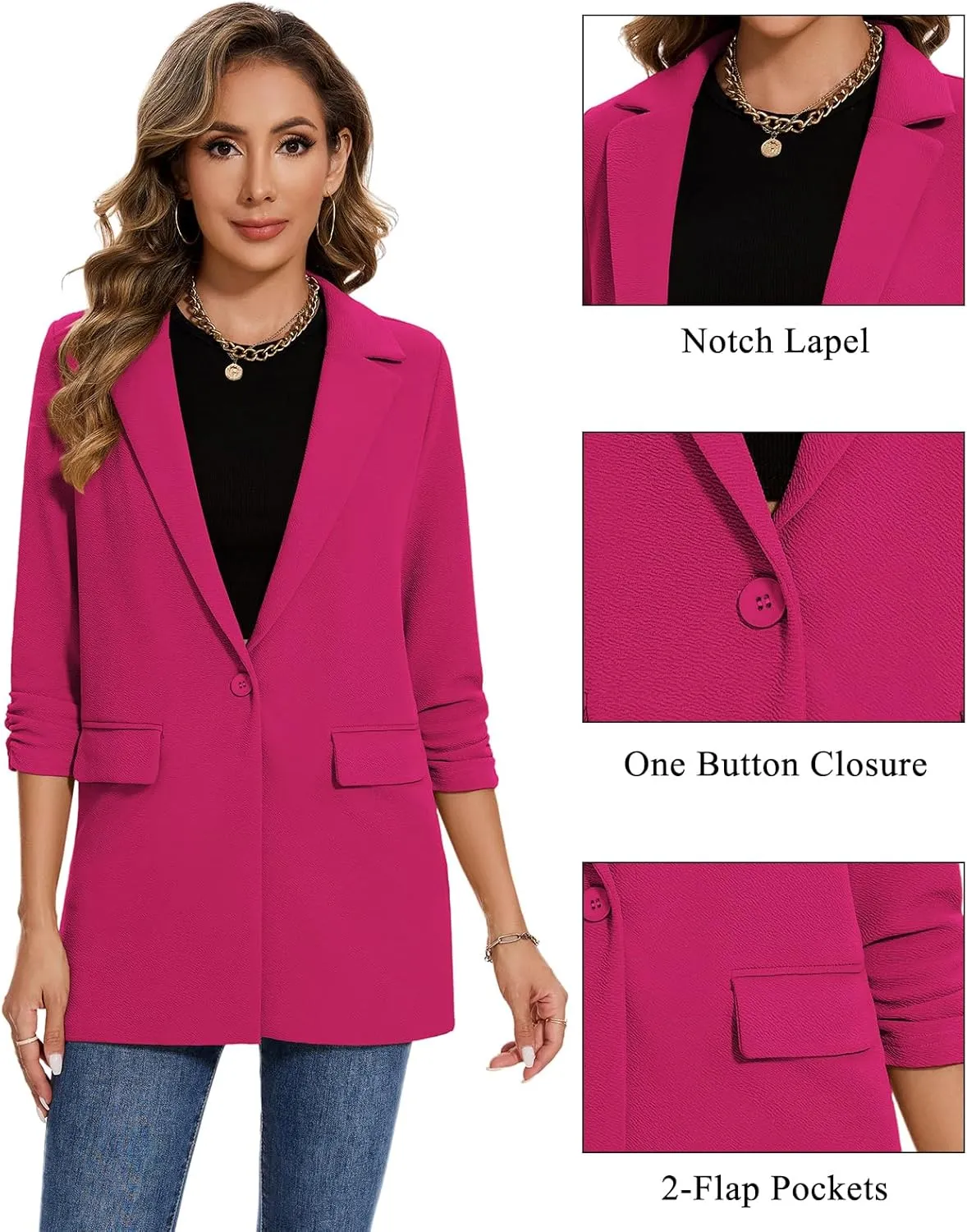 MINTLIMIT Women's Casual Long Blazer 3/4 Ruched Sleeve Lapel Button Front Work Office Blazers Suit Jacket with Pockets