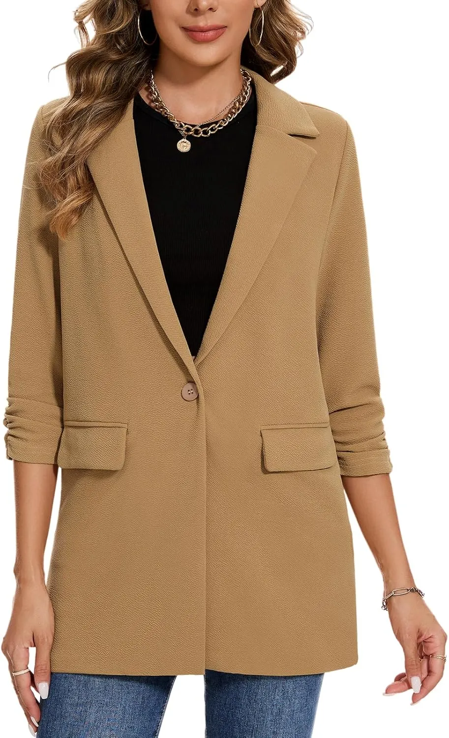 MINTLIMIT Women's Casual Long Blazer 3/4 Ruched Sleeve Lapel Button Front Work Office Blazers Suit Jacket with Pockets