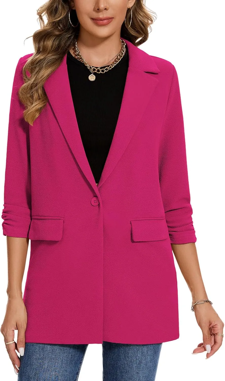 MINTLIMIT Women's Casual Long Blazer 3/4 Ruched Sleeve Lapel Button Front Work Office Blazers Suit Jacket with Pockets