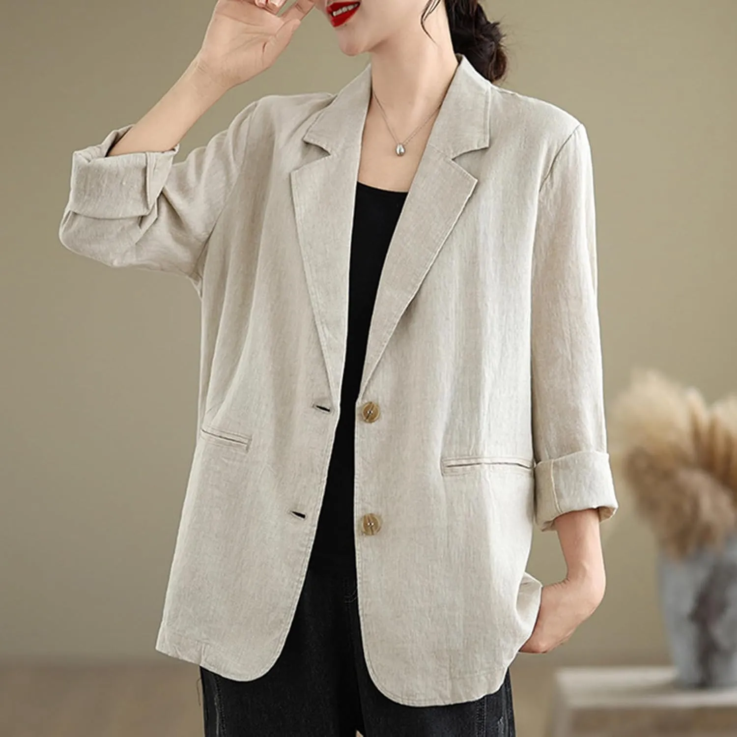 MINTLIMIT Womens Linen Blazer Summer 3/4 Sleeve Notch Lapel Work Office Suit Casual Button Blazers Jackets with Pockets