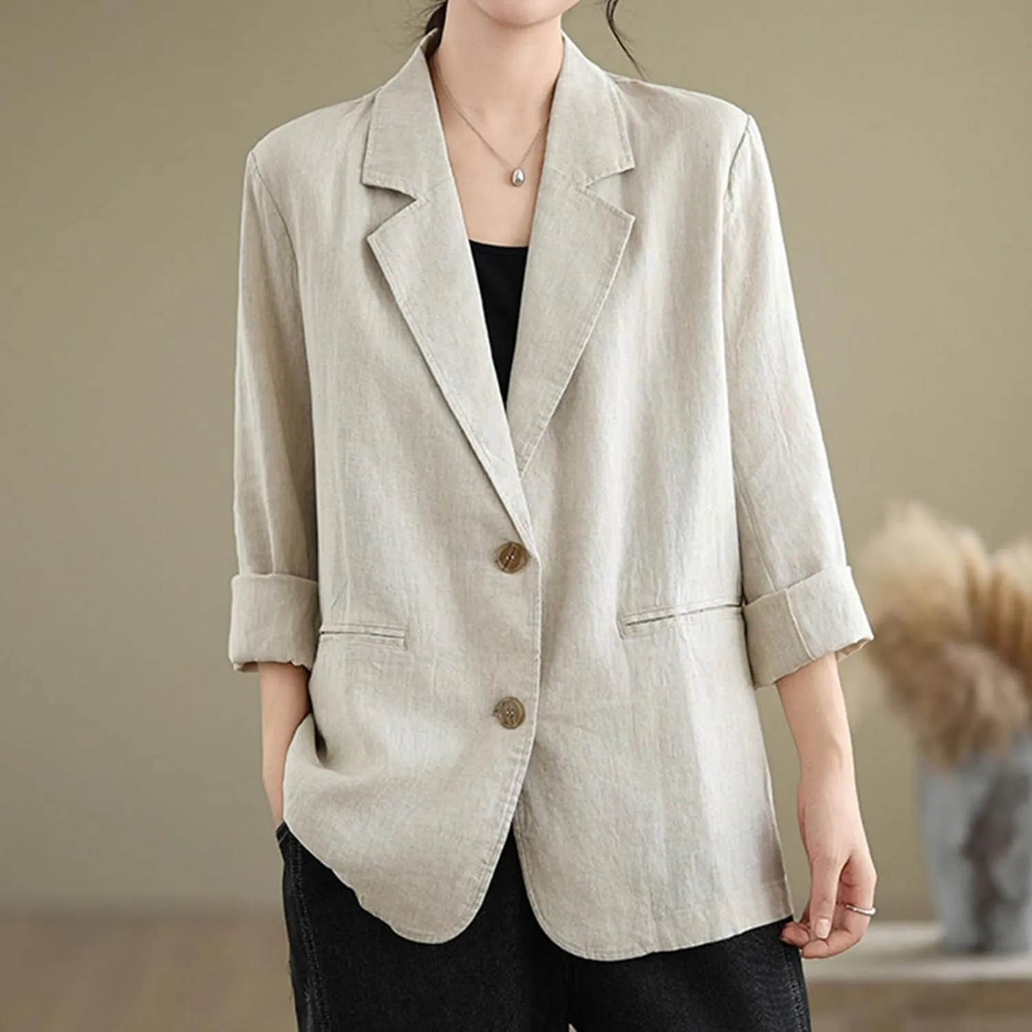 MINTLIMIT Womens Linen Blazer Summer 3/4 Sleeve Notch Lapel Work Office Suit Casual Button Blazers Jackets with Pockets