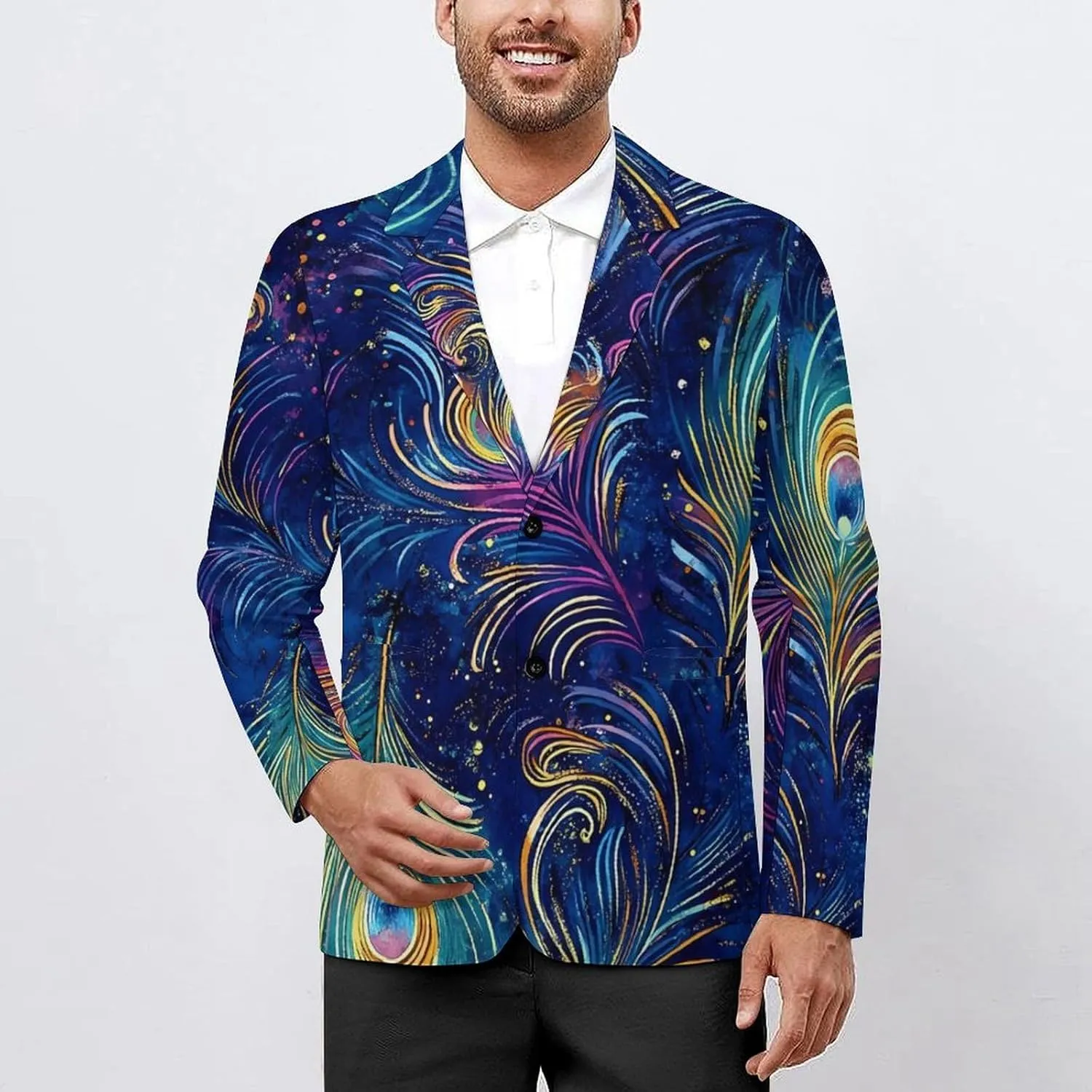 Mystical Peacock Feathers Mens Blazer Casual Two Button Lapel Suits Jacket Lightweight Business Coats