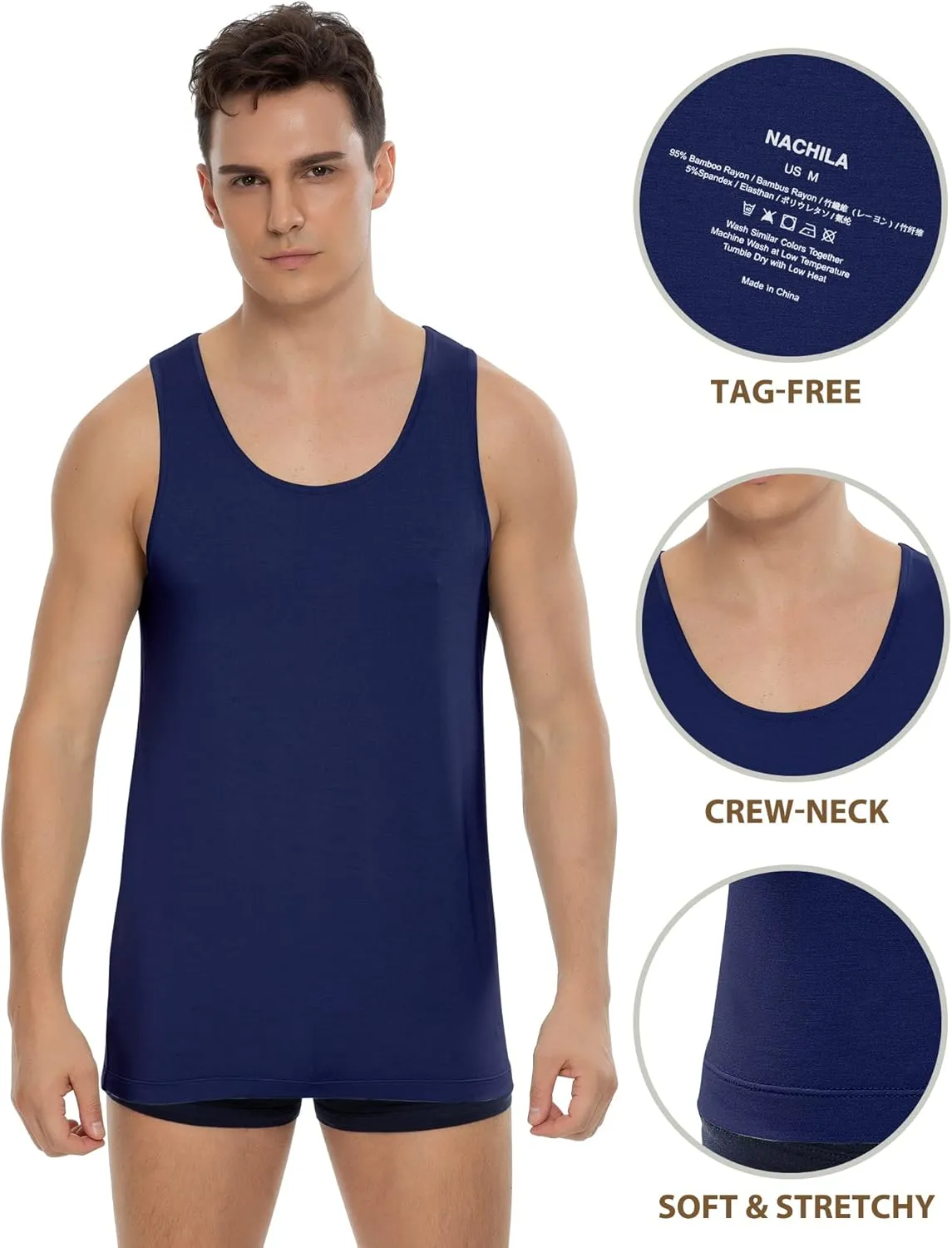 NACHILA Tank Top for Men-Viscose Made from Bamboo, Basic Undershirts 3 Pack Soft Tanks Sleeveless Shirts