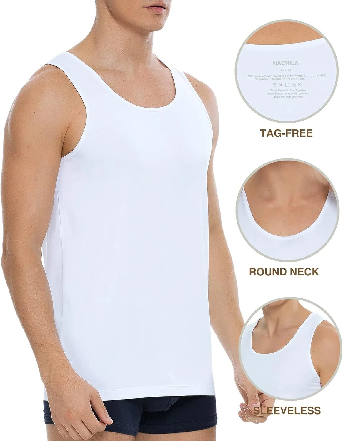 NACHILA Tank Top for Men-Viscose Made from Bamboo, Basic Undershirts 3 Pack Soft Tanks Sleeveless Shirts