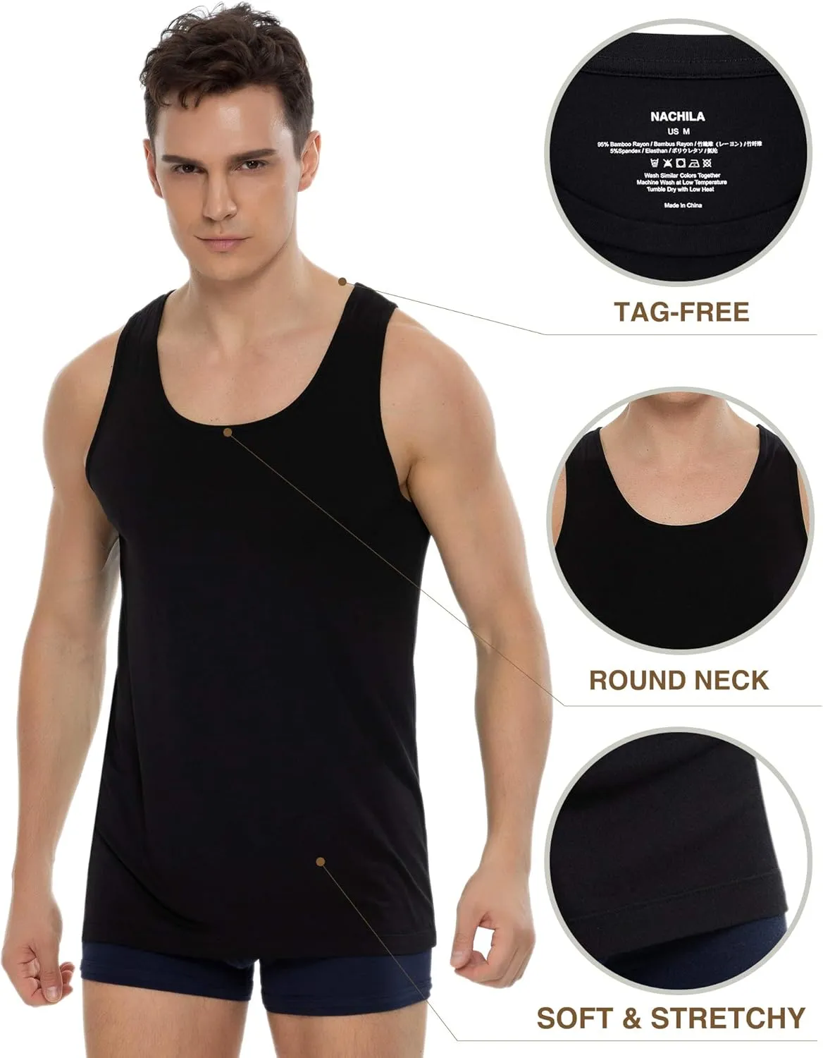 NACHILA Tank Top for Men-Viscose Made from Bamboo, Basic Undershirts 3 Pack Soft Tanks Sleeveless Shirts