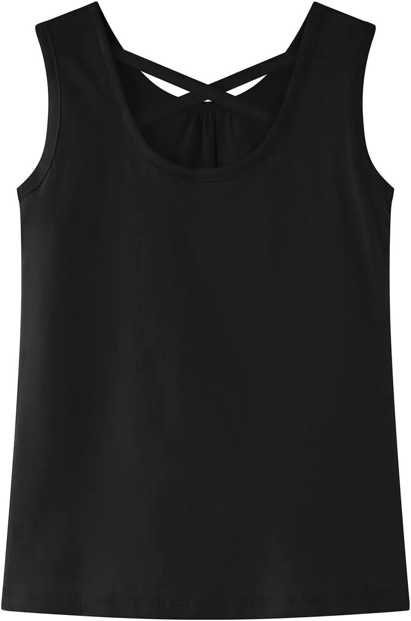 Noomelfish Girls Criss Cross Back Tank Tops Soft Jersey Cotton Sleeveless Shirts (3-12 Years)
