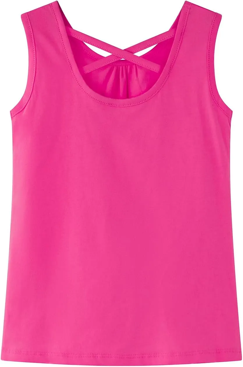 Noomelfish Girls Criss Cross Back Tank Tops Soft Jersey Cotton Sleeveless Shirts (3-12 Years)
