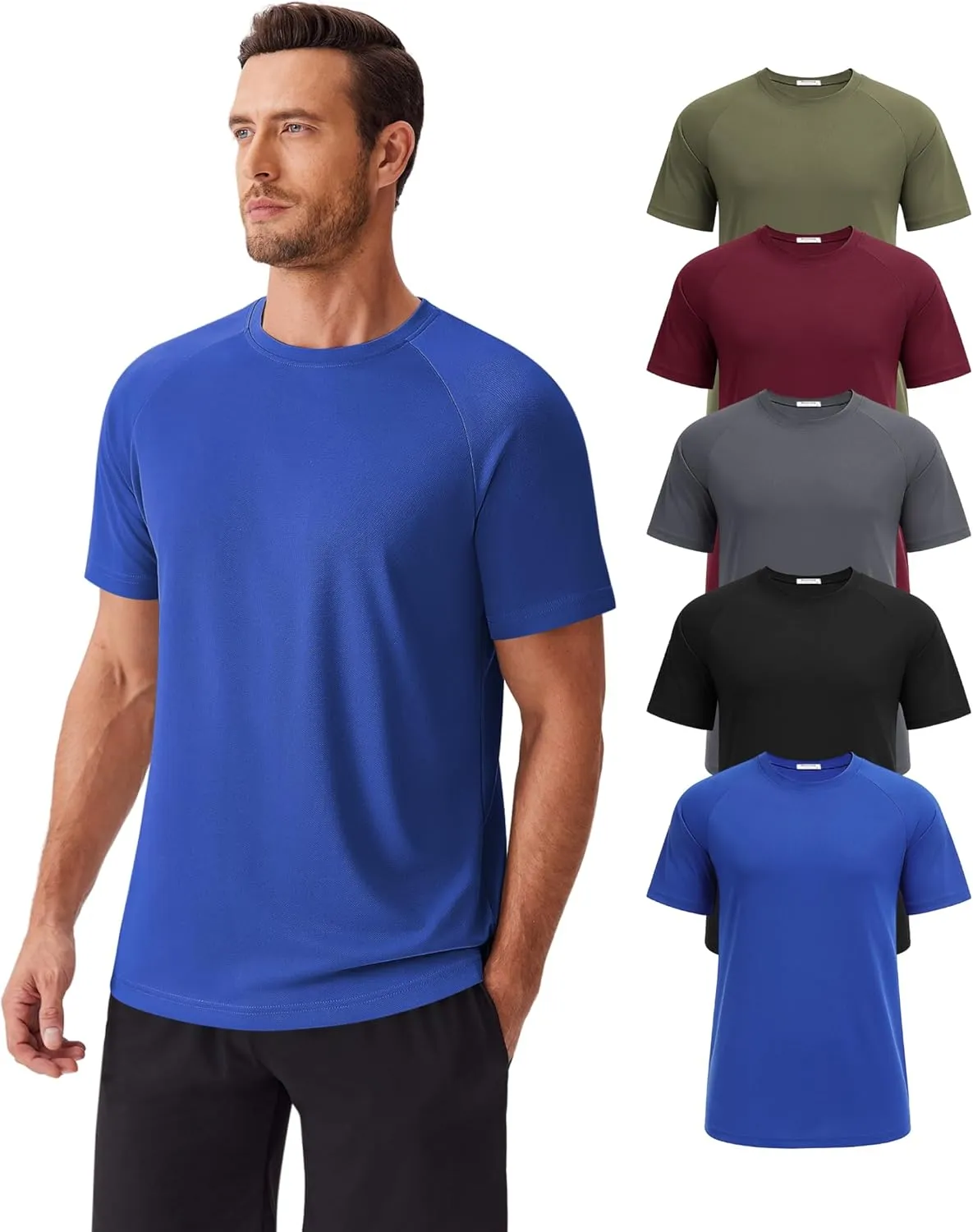 PINSPARK 5 Pack Gym Workout Shirts for Men Short Sleeve Moisture Wicking Athletic Tshirts Multipack Plain Crewneck Tees Shirt