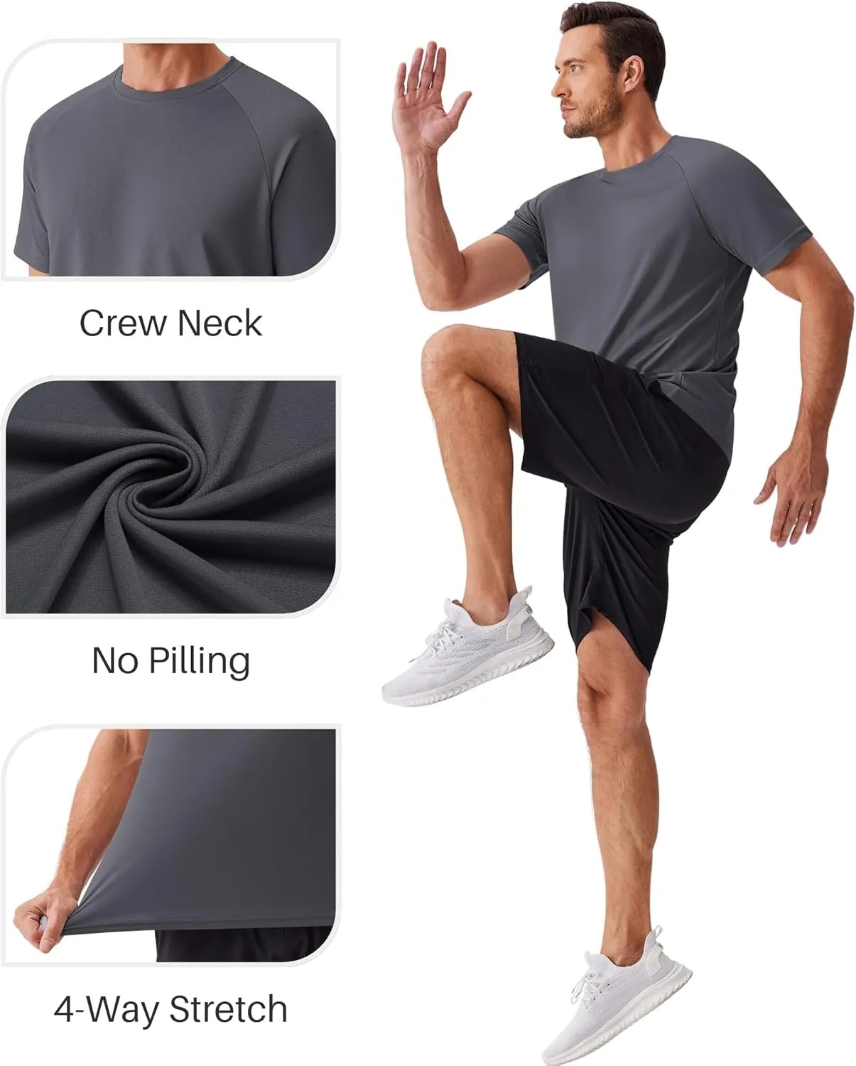PINSPARK 5 Pack Gym Workout Shirts for Men Short Sleeve Moisture Wicking Athletic Tshirts Multipack Plain Crewneck Tees Shirt