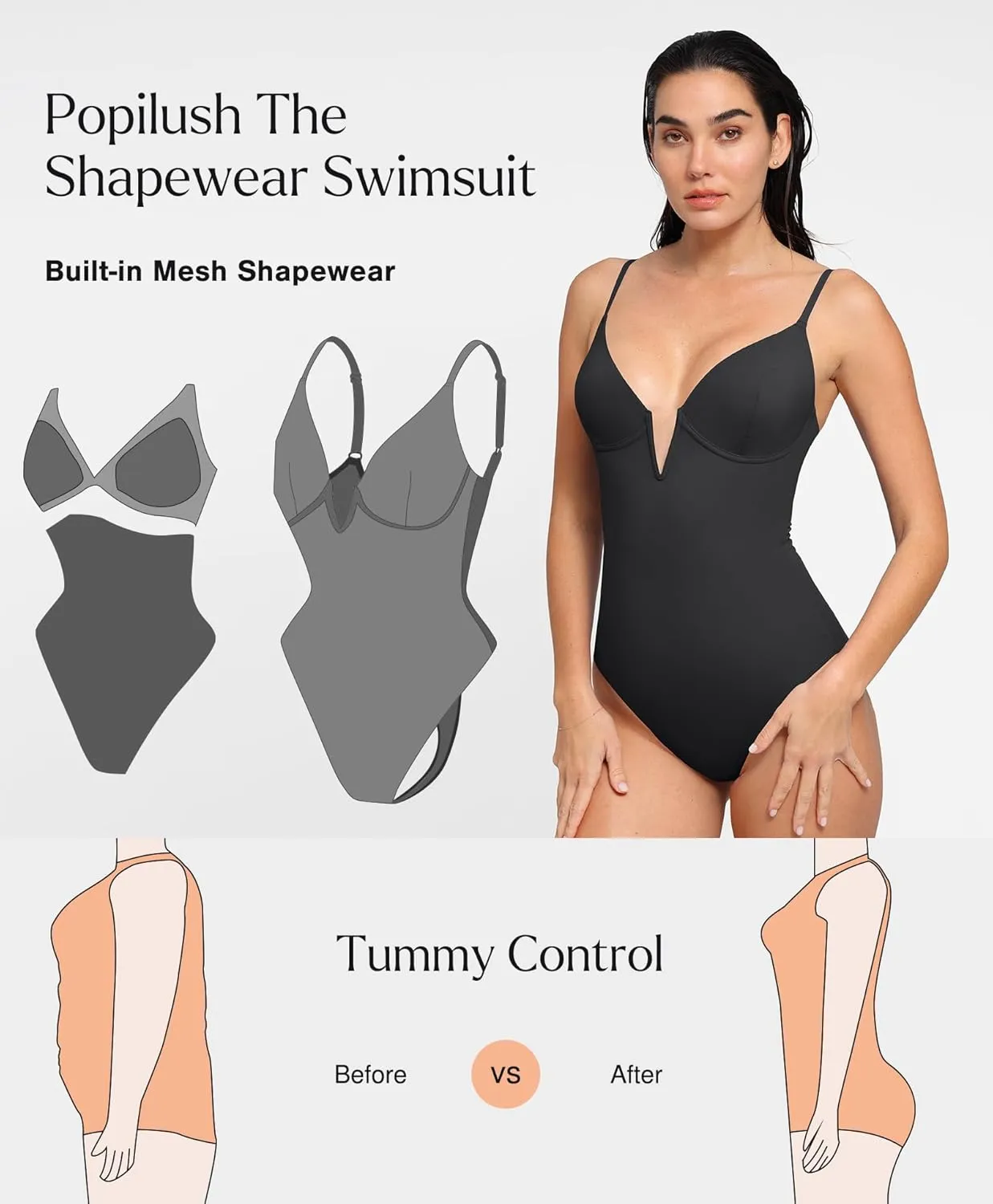 Popilush Tummy Control Swimsuits for Women Deep V Neck One Piece Shapewear Swimsuit Slimming Swimwear Built in Bra