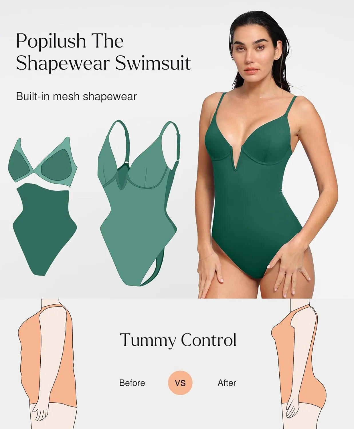 Popilush Tummy Control Swimsuits for Women Deep V Neck One Piece Shapewear Swimsuit Slimming Swimwear Built in Bra