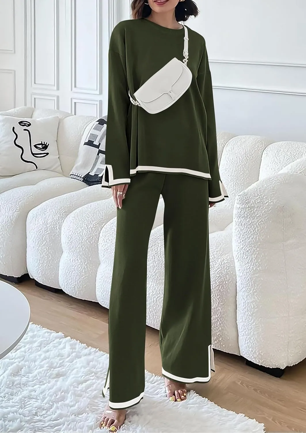 PRETTYGARDEN Women's 2 Piece Knit Sweater Set Casual Long Sleeve Pullover Wide Leg Pants Sweatsuit Tracksuit Outfit