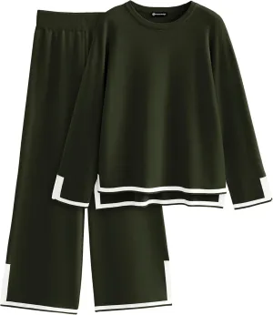 PRETTYGARDEN Women's 2 Piece Knit Sweater Set Casual Long Sleeve Pullover Wide Leg Pants Sweatsuit Tracksuit Outfit