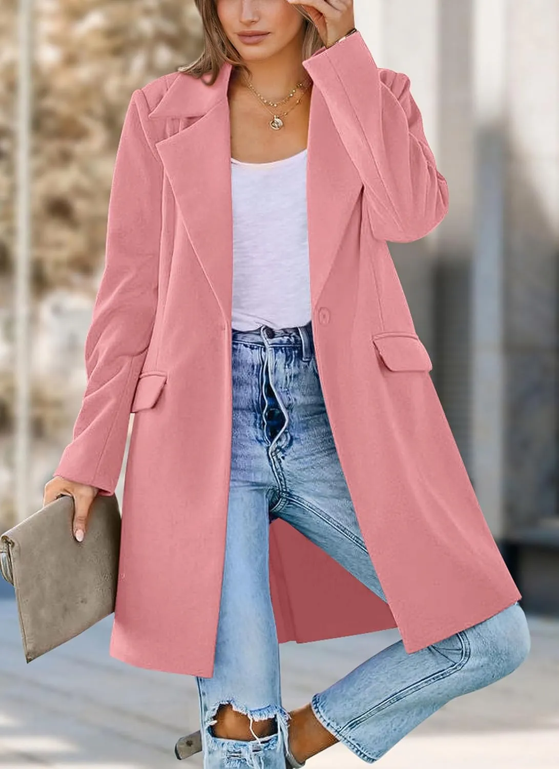 PRETTYGARDEN Women's 2025 Spring Fall Long Blazer Jackets Long Sleeve Lapel Pockets Loose Fit Work Casual Blazers Outerwear