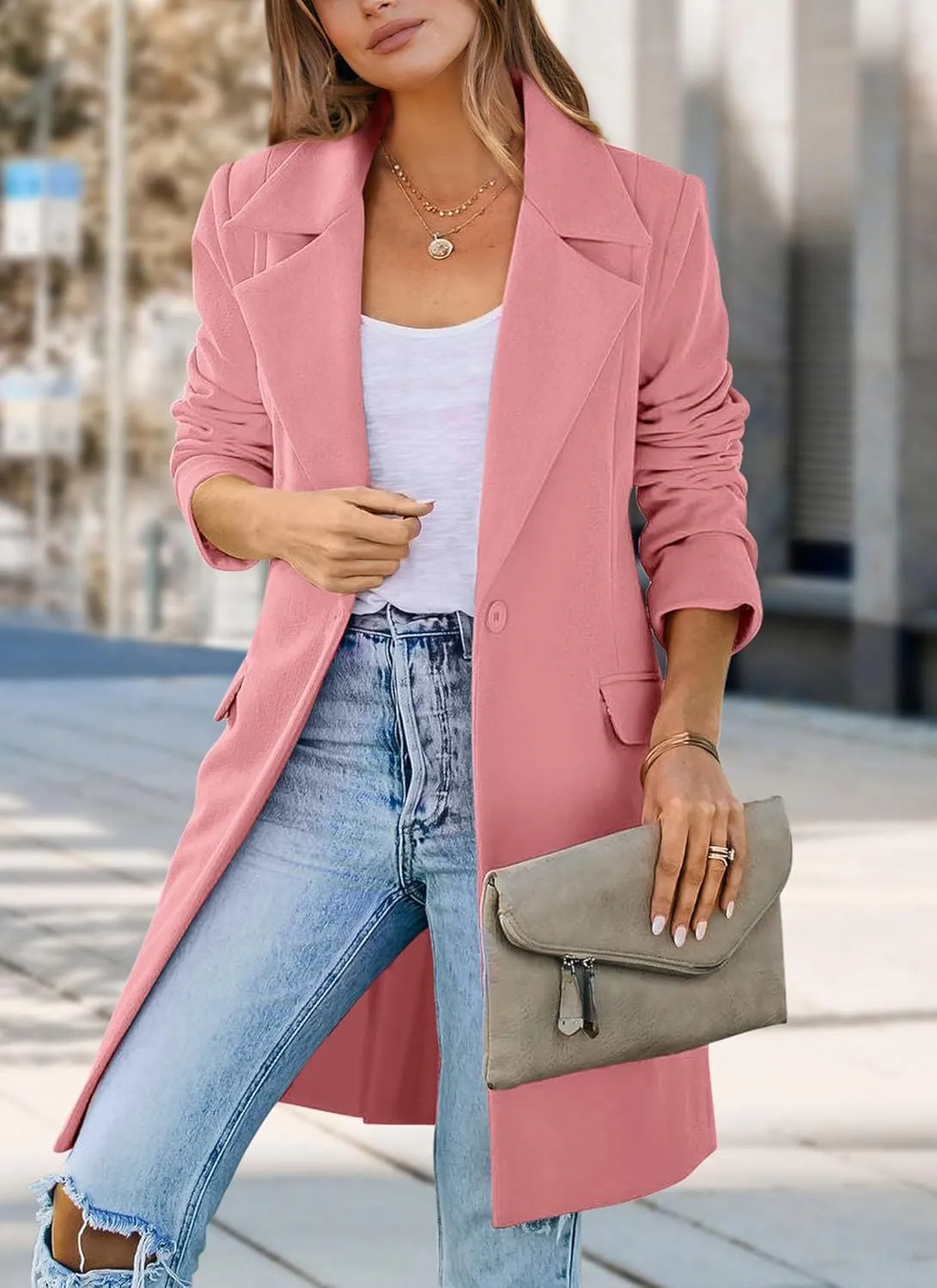 PRETTYGARDEN Women's 2025 Spring Fall Long Blazer Jackets Long Sleeve Lapel Pockets Loose Fit Work Casual Blazers Outerwear