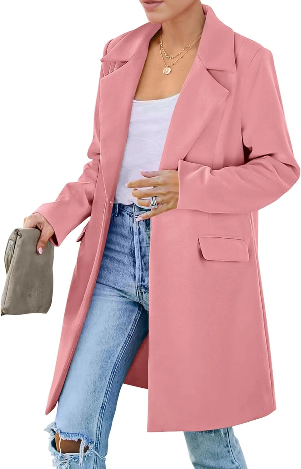 PRETTYGARDEN Women's 2025 Spring Fall Long Blazer Jackets Long Sleeve Lapel Pockets Loose Fit Work Casual Blazers Outerwear