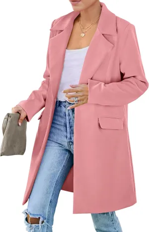 PRETTYGARDEN Women's 2025 Spring Fall Long Blazer Jackets Long Sleeve Lapel Pockets Loose Fit Work Casual Blazers Outerwear