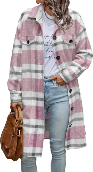 PRETTYGARDEN Women's Plaid Shacket 2025 Long Sleeve Button Up Flannel Shirt Winter Tartan Jacket Woolen Coats