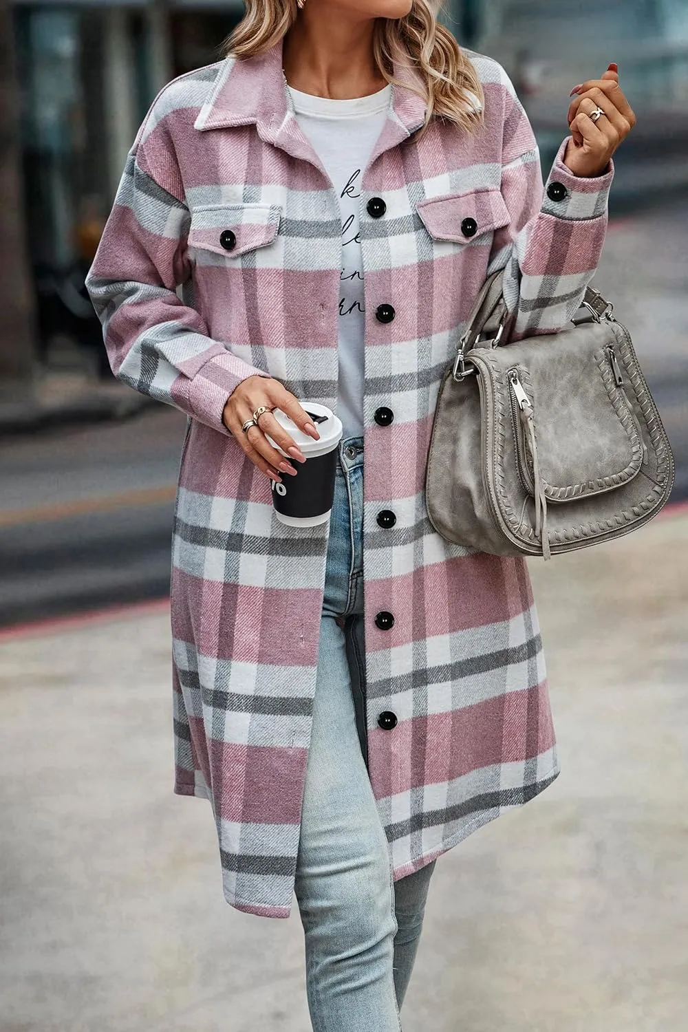 PRETTYGARDEN Women's Plaid Shacket 2025 Long Sleeve Button Up Flannel Shirt Winter Tartan Jacket Woolen Coats
