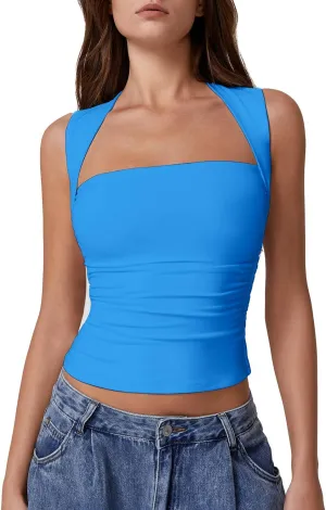 QINSEN Womens Square Neck Tank Tops Side Ruched Double Lined Slim Fit Summer Going Out Crop Top