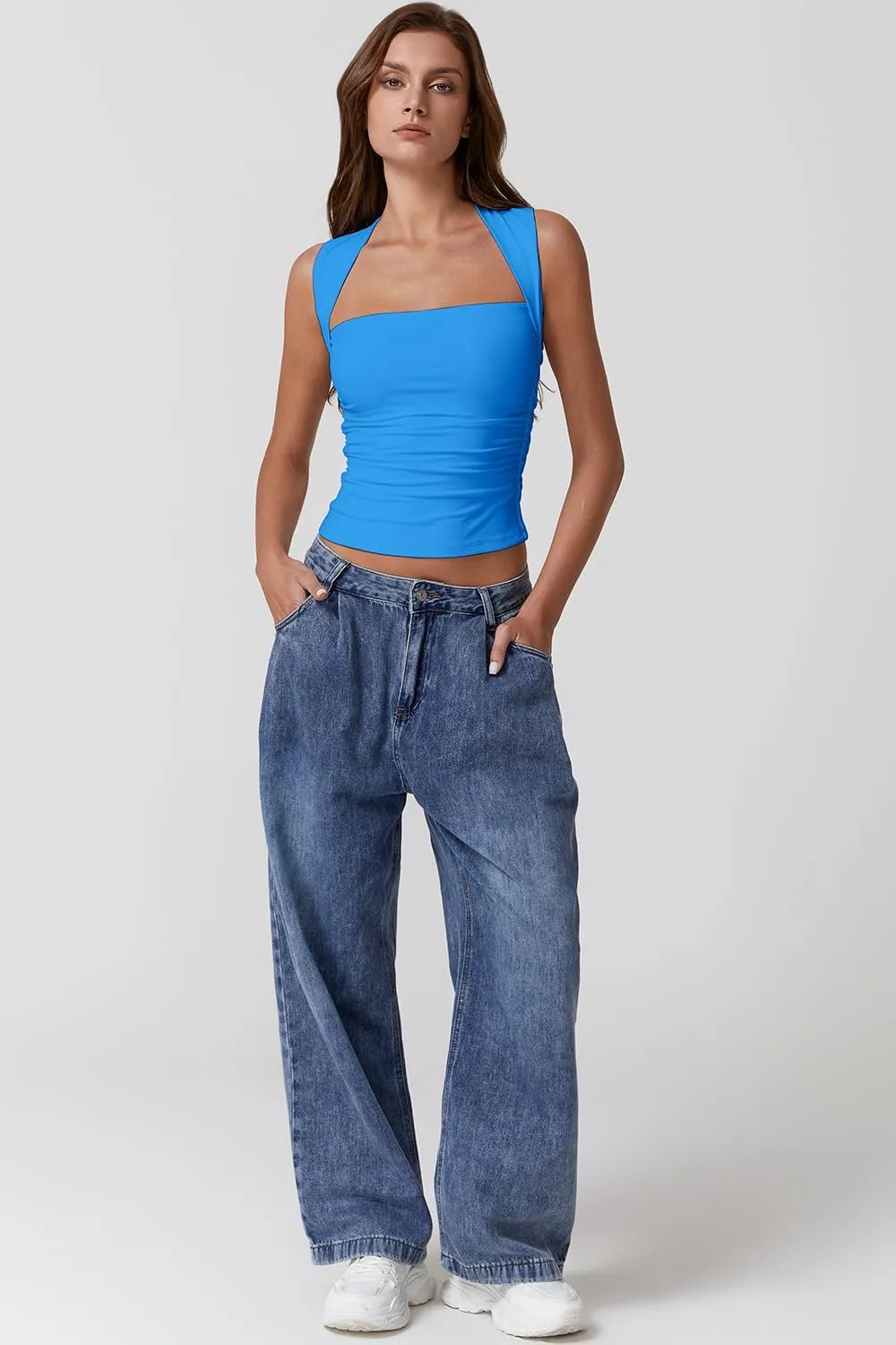 QINSEN Womens Square Neck Tank Tops Side Ruched Double Lined Slim Fit Summer Going Out Crop Top
