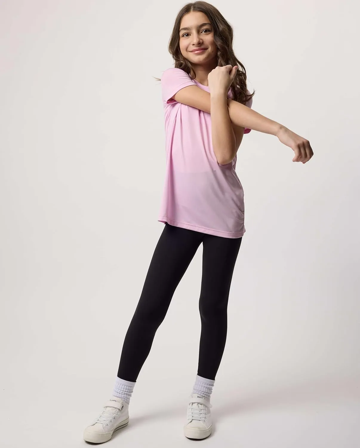 Real Essentials 5 Pack: Girls Short Sleeve Dry-Fit Crew Neck Active Athletic Performance T-Shirt