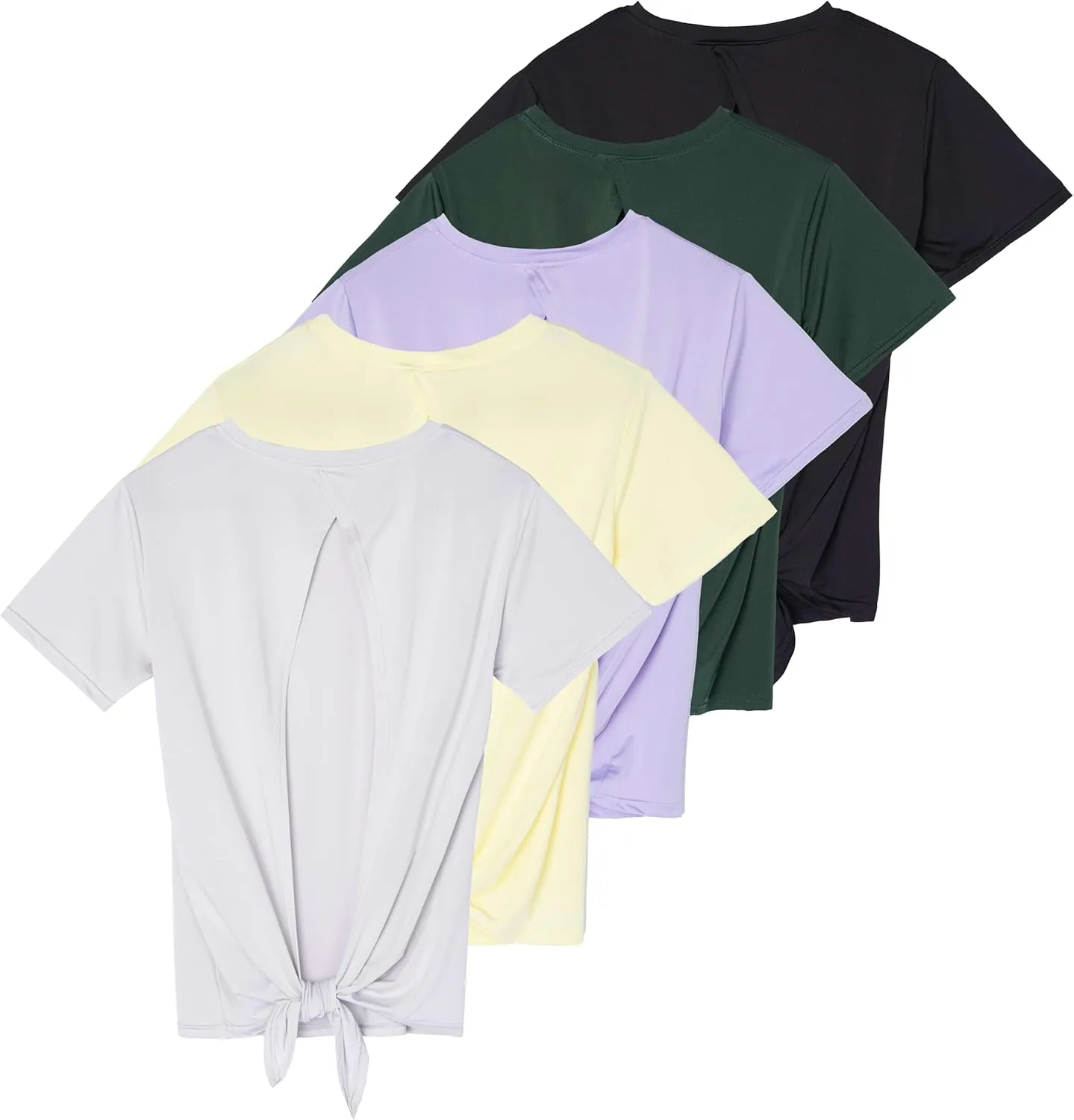 Real Essentials 5 Pack: Women's Short Sleeve Open Back Tie Back Dry-Fit T-Shirt Yoga Gym Workout Top