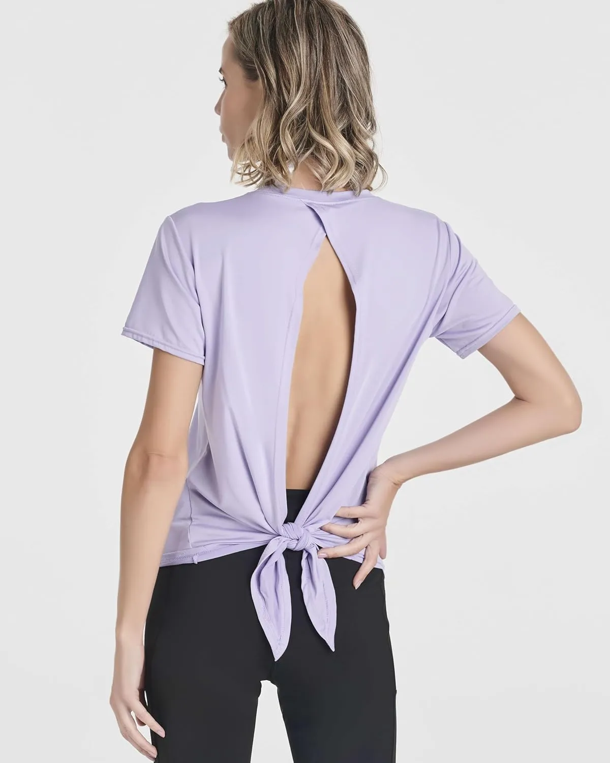 Real Essentials 5 Pack: Women's Short Sleeve Open Back Tie Back Dry-Fit T-Shirt Yoga Gym Workout Top