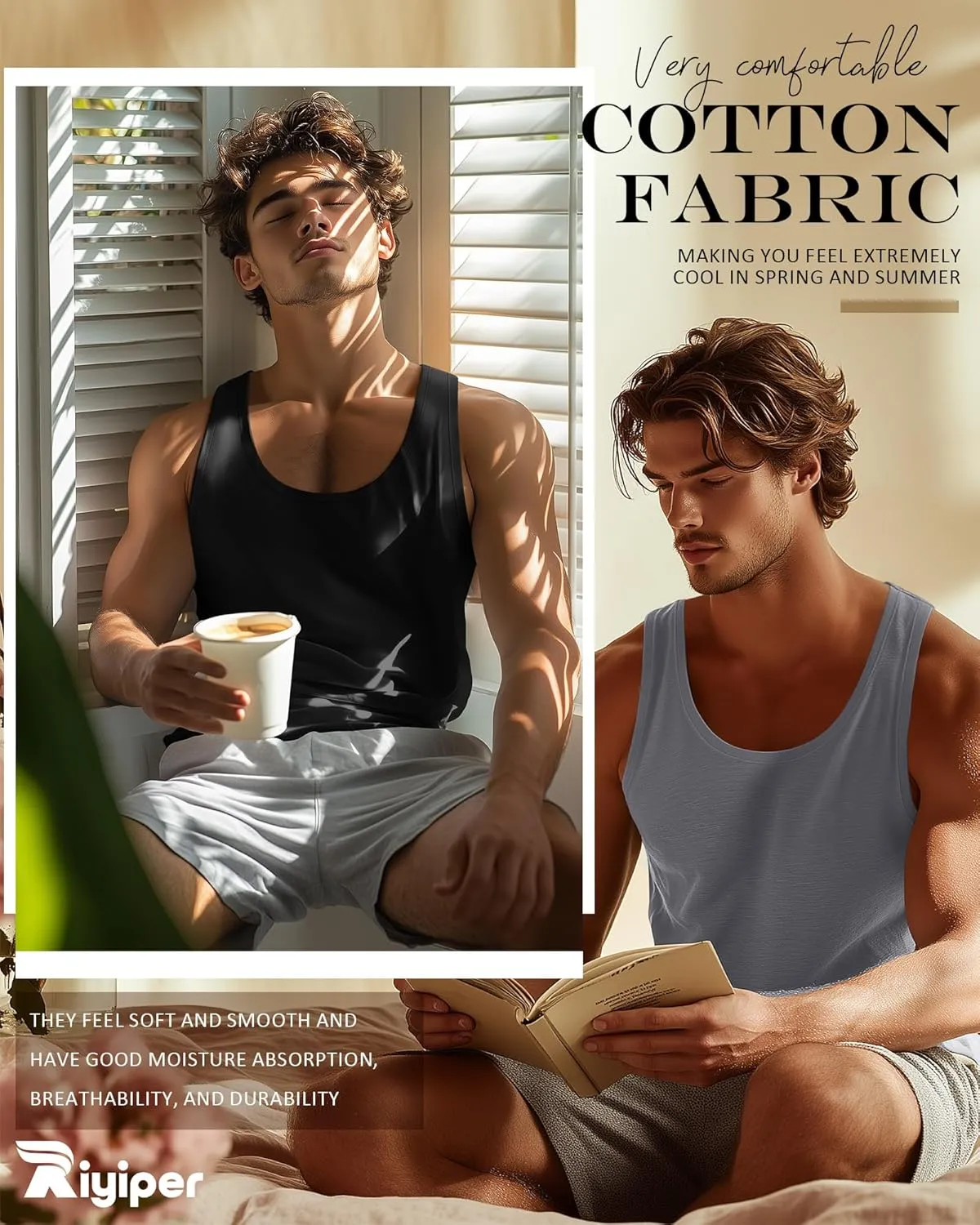 Riyiper 3 Pack Men's Big and Tall U Neck Tank Tops M-5XL Sleeveless Compression Beach Casual Summer Muscle Gym Tees