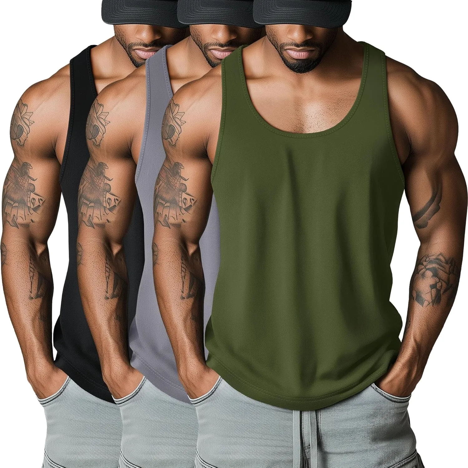 Riyiper 3 Pack Men's Big and Tall U Neck Tank Tops M-5XL Sleeveless Compression Beach Casual Summer Muscle Gym Tees