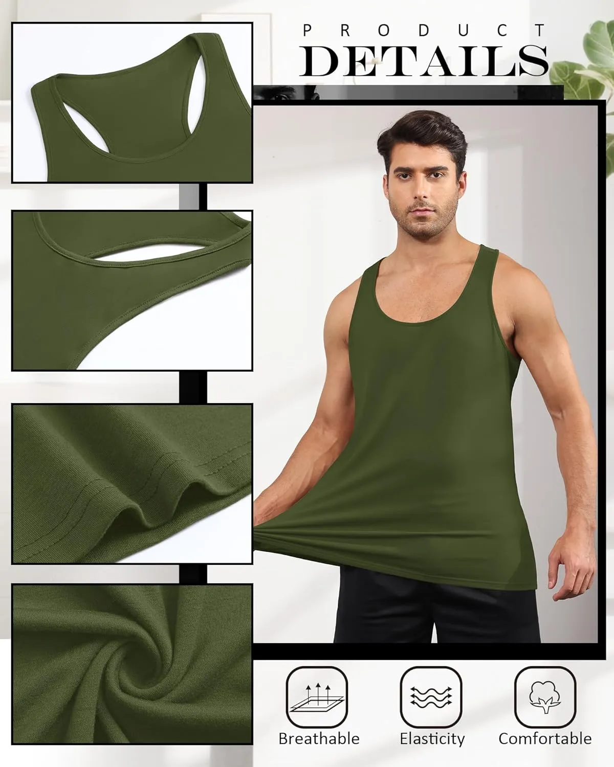 Riyiper 3 Pack Men's Big and Tall U Neck Tank Tops M-5XL Sleeveless Compression Beach Casual Summer Muscle Gym Tees
