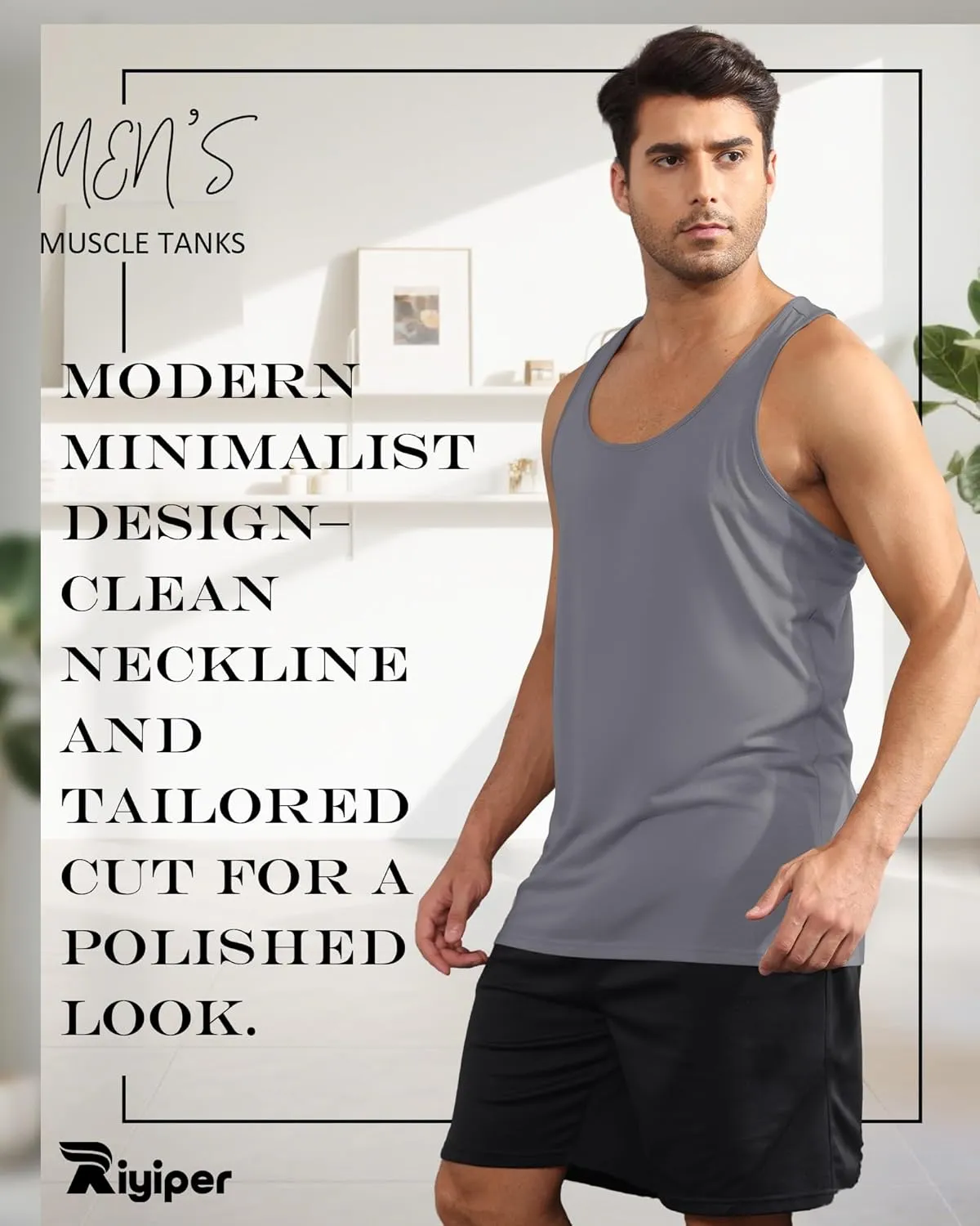 Riyiper 3 Pack Men's Big and Tall U Neck Tank Tops M-5XL Sleeveless Compression Beach Casual Summer Muscle Gym Tees