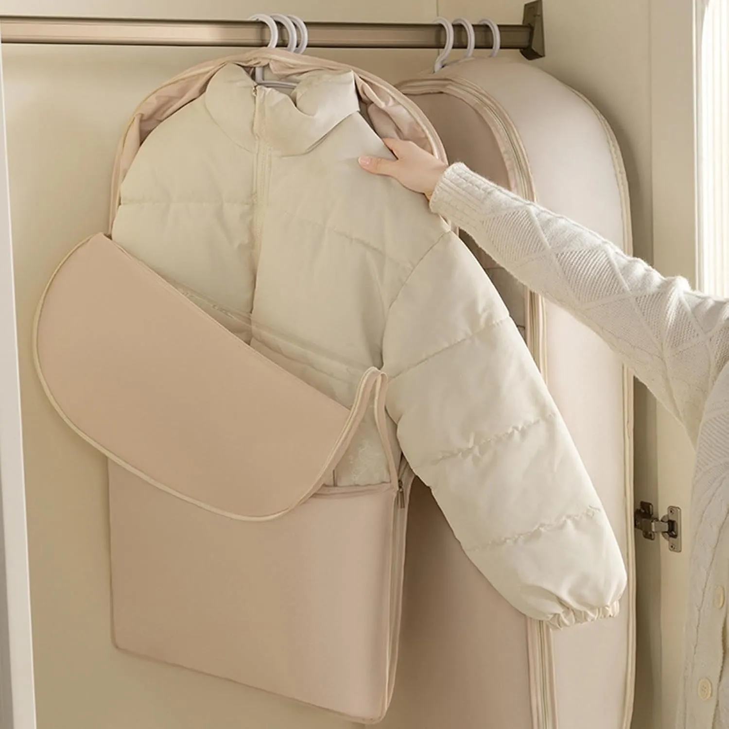 Space Saving Hanging Garment Bag, Space Saver Closet Organizers with Self Compression Zipper, Dust Cover Clothes Bags for Down Coat (C:51.18 * 22.83 * 5.9in, White)