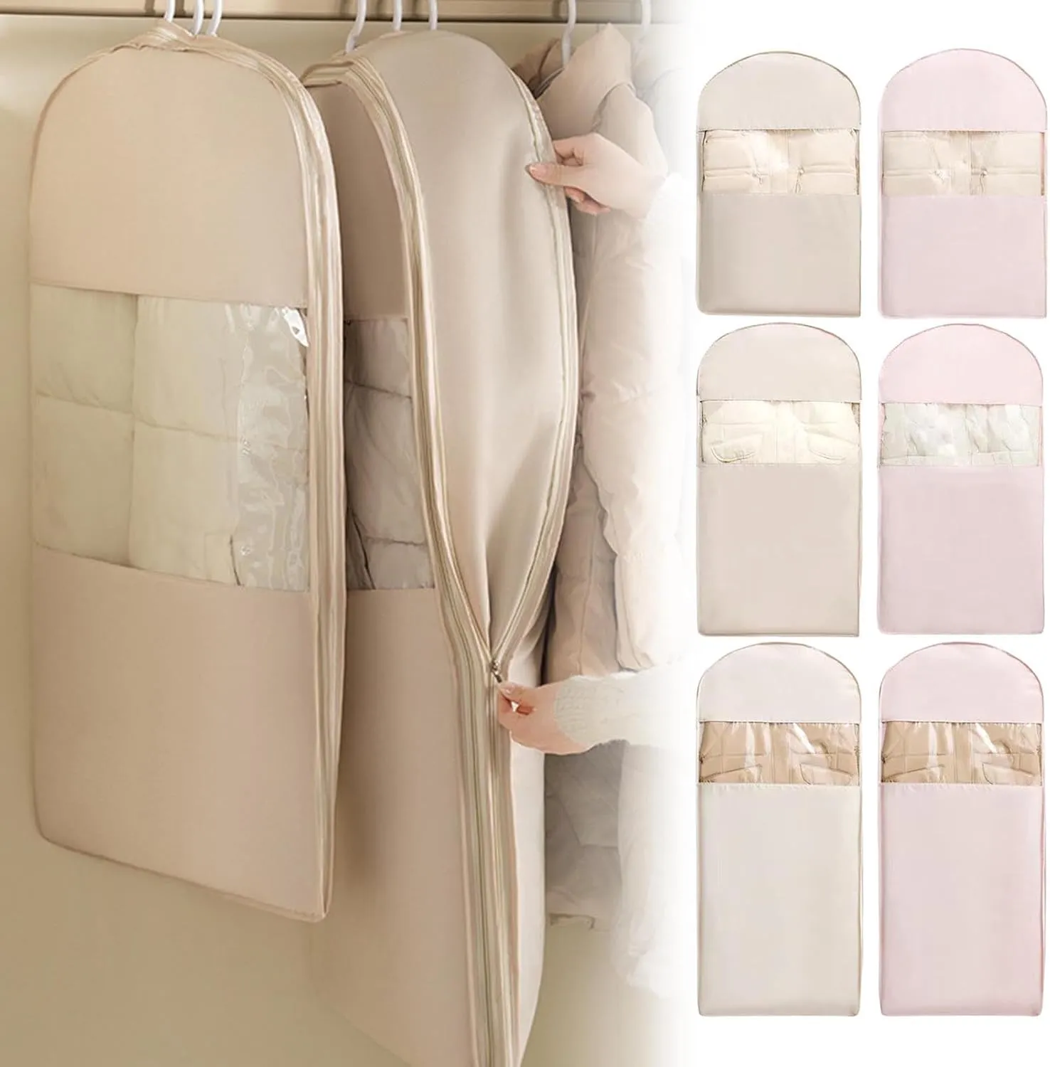 Space Saving Hanging Garment Bag, Space Saver Closet Organizers with Self Compression Zipper, Dust Cover Clothes Bags for Down Coat (C:51.18 * 22.83 * 5.9in, White)