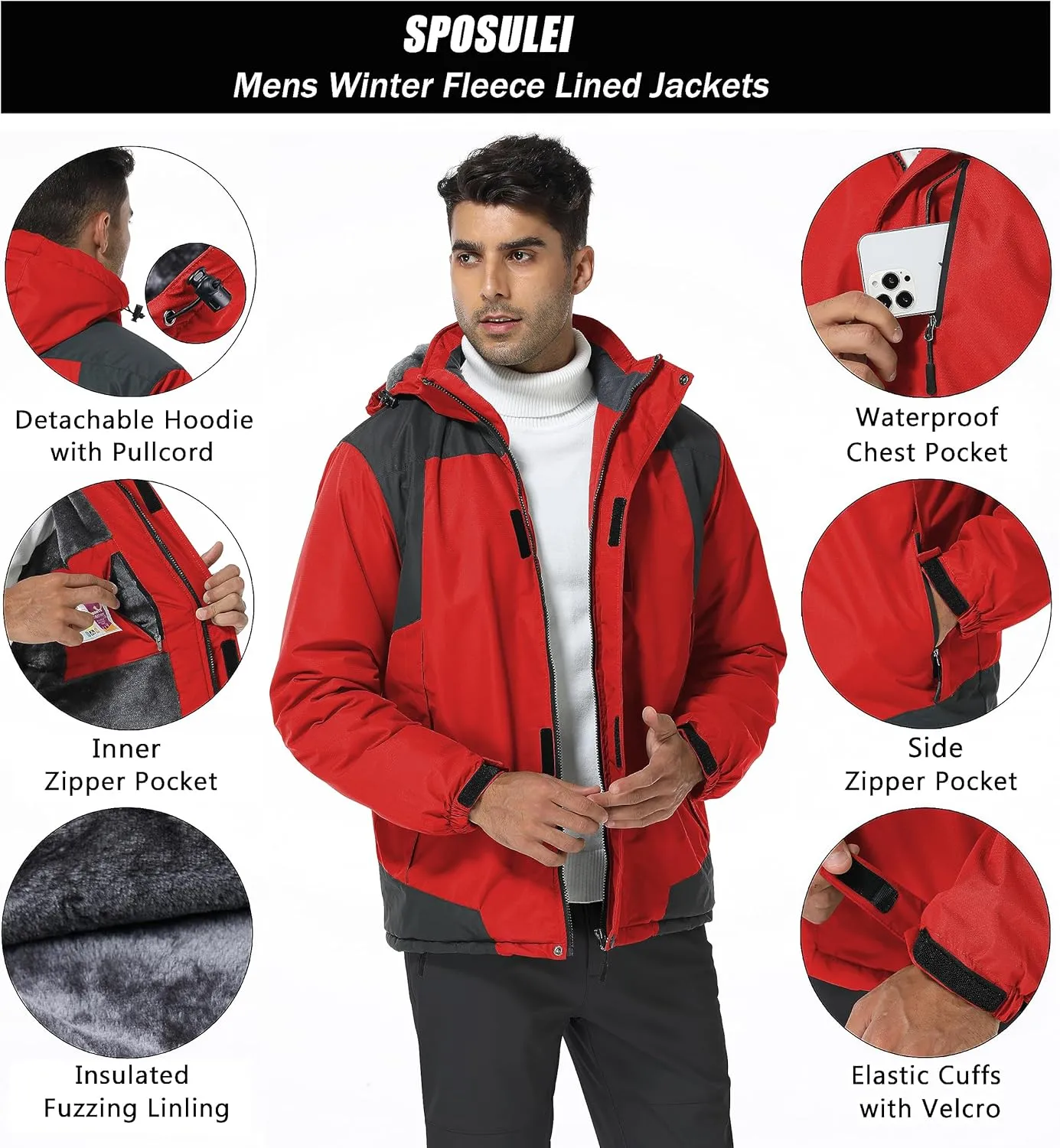SPOSULEI Mens Skiing Jackets with Hoode Snowboarding Waterproof Fleece Liner Coats Windproof Winter Raincoat Multi Pockets