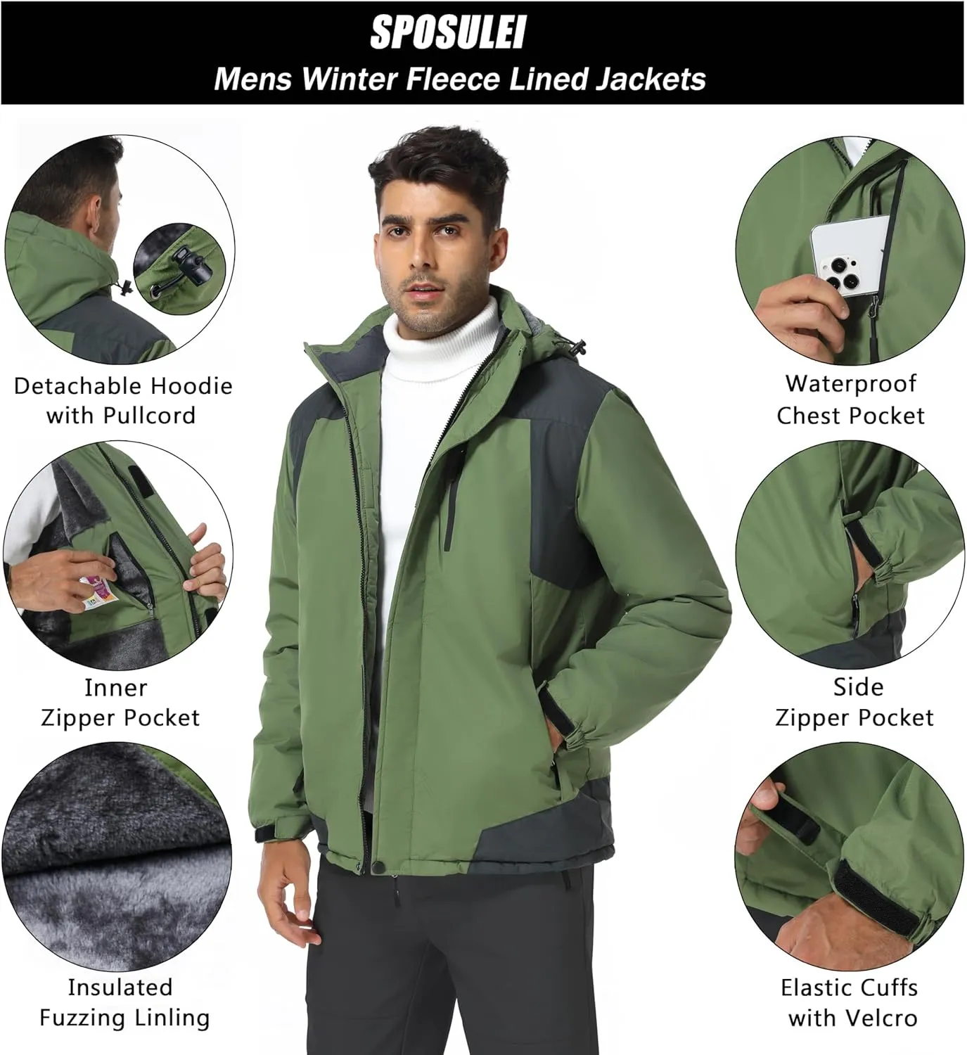 SPOSULEI Mens Skiing Jackets with Hoode Snowboarding Waterproof Fleece Liner Coats Windproof Winter Raincoat Multi Pockets