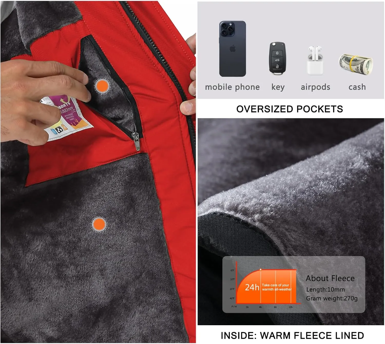 SPOSULEI Mens Skiing Jackets with Hoode Snowboarding Waterproof Fleece Liner Coats Windproof Winter Raincoat Multi Pockets