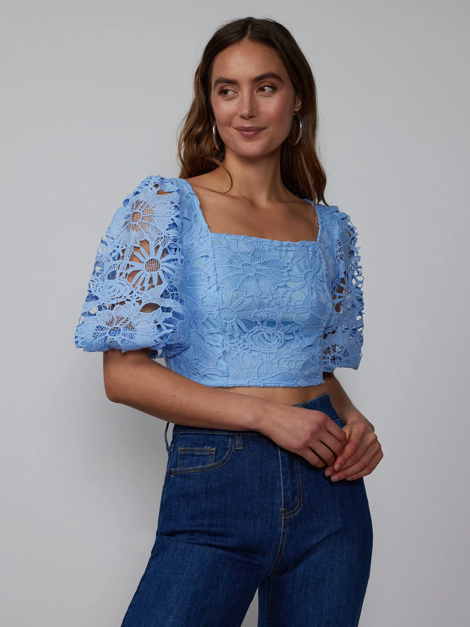 Square Neck Lace Puff Sleeve Top