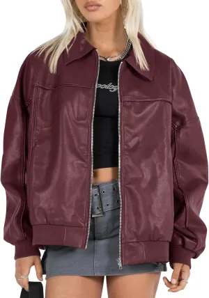 Tankaneo Womens Faux Leather Jackets Oversized Bomber Casual Fall Fashion Zip Up Moto Biker Coats