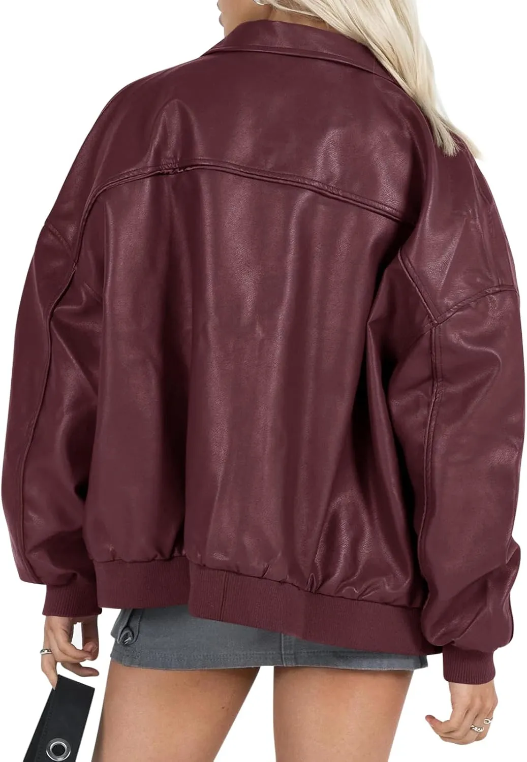 Tankaneo Womens Faux Leather Jackets Oversized Bomber Casual Fall Fashion Zip Up Moto Biker Coats