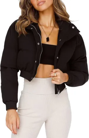 Uaneo Womens Cropped Puffer Jacket Stand Collar Zip Up Winter Padded Down Coats