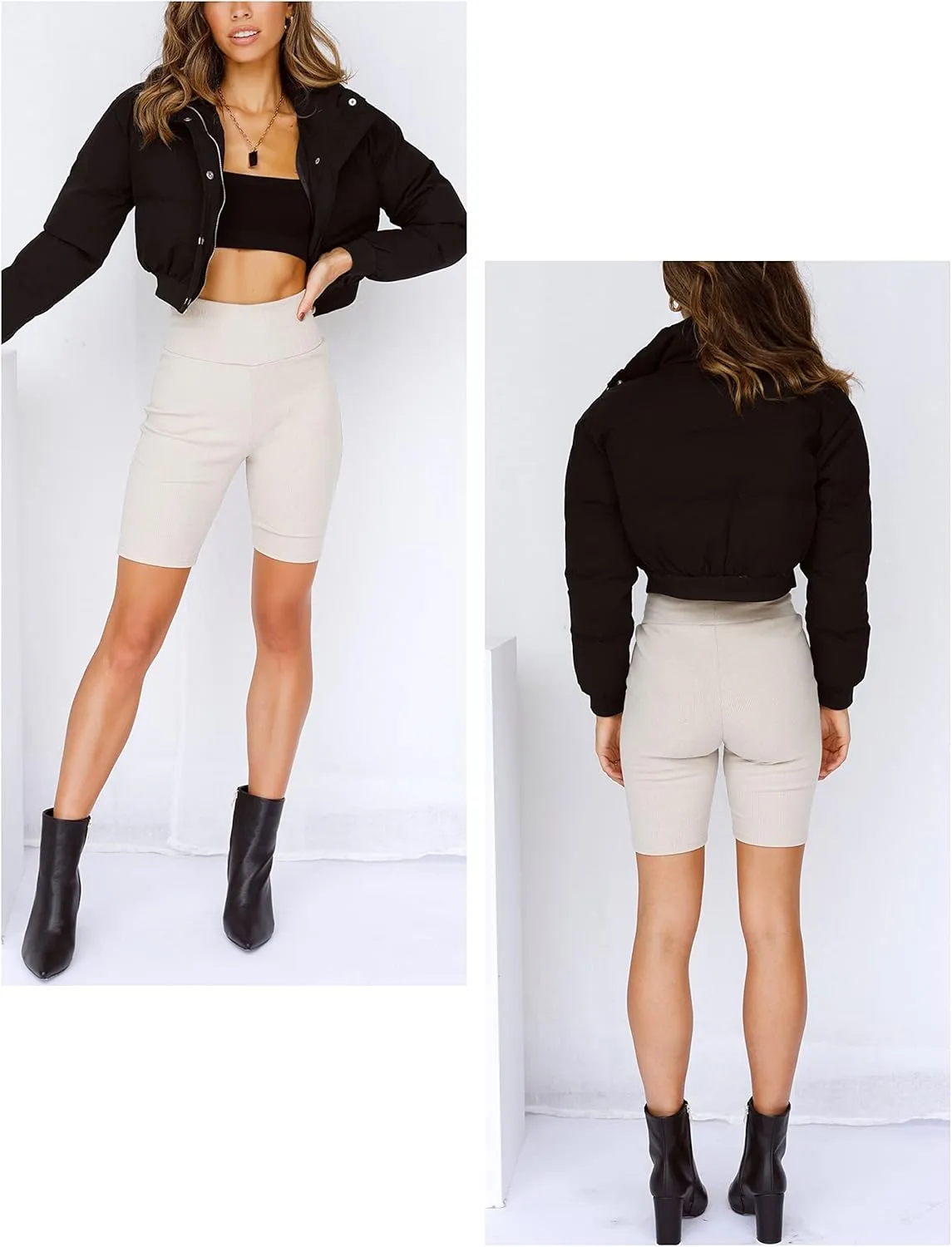 Uaneo Womens Cropped Puffer Jacket Stand Collar Zip Up Winter Padded Down Coats