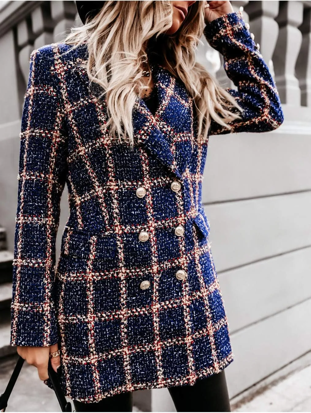 utcoco Womens 2025 Fashion Tweed Blazers Business Casual Double Breasted Open Front Plaid Blazer Jackets
