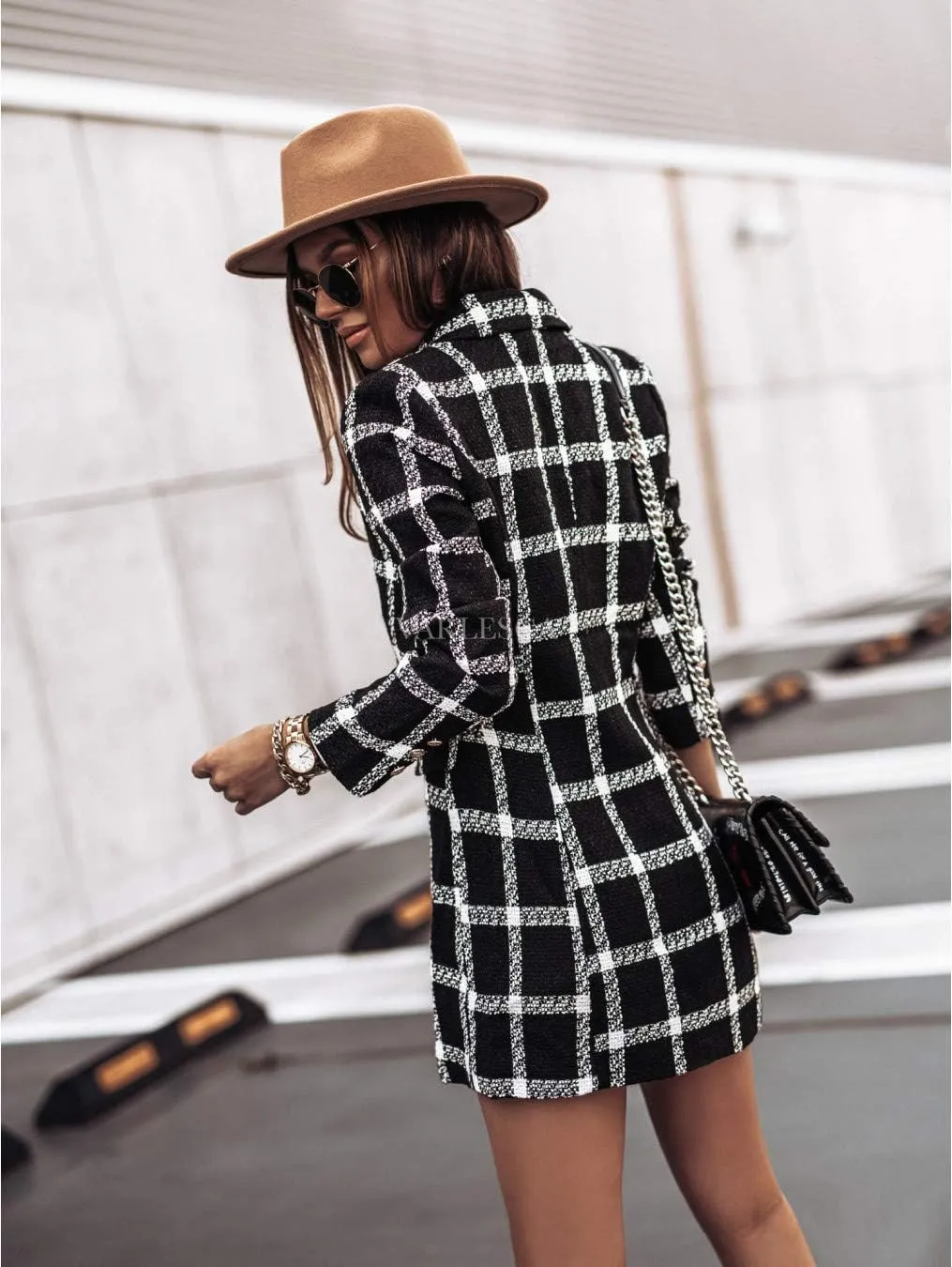 utcoco Womens 2025 Fashion Tweed Blazers Business Casual Double Breasted Open Front Plaid Blazer Jackets