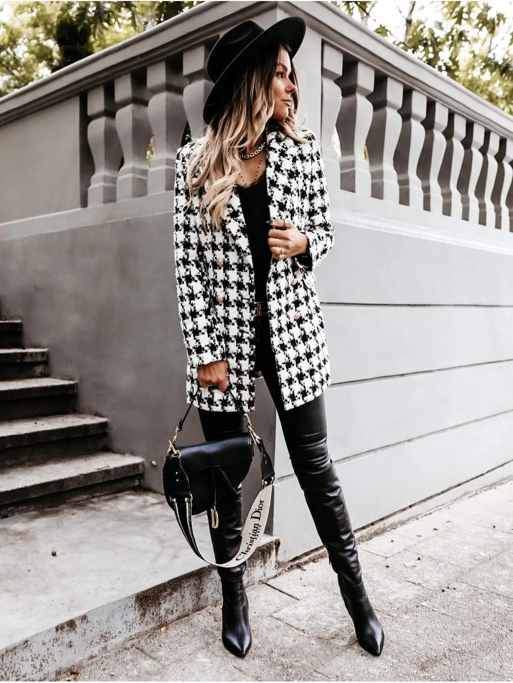 utcoco Womens 2025 Fashion Tweed Blazers Business Casual Double Breasted Open Front Plaid Blazer Jackets